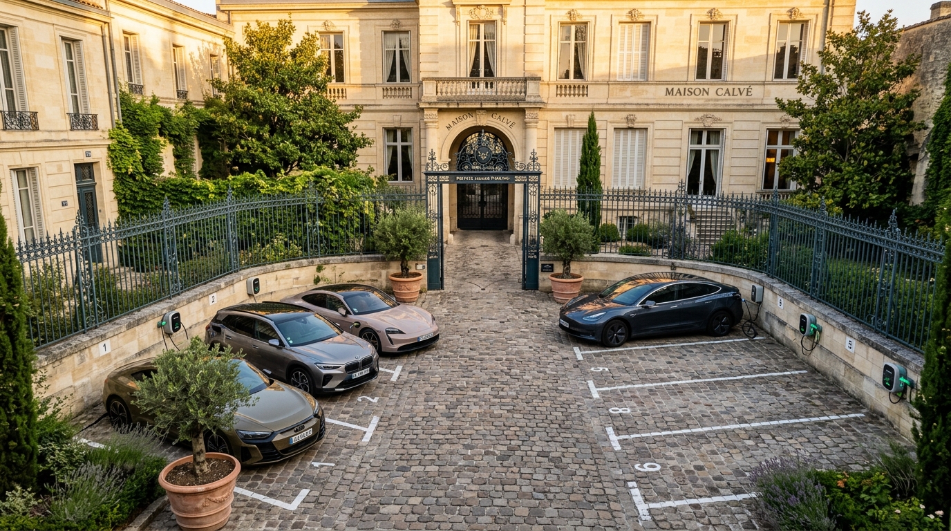 Cour pavée avec 9 places de parking privées Maison Calvé Bordeaux